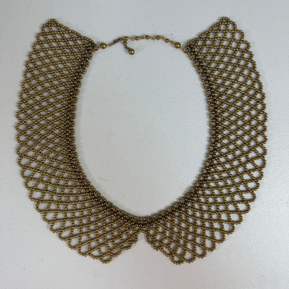 Vintage Necklace Peter Pan Collar Beaded Openwork Lattice Antique Gold Tone - Picture 4 of 8